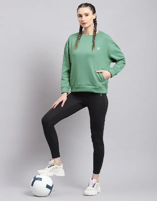 Women Green Solid Round Neck Full Sleeve Sweatshirt Hoodie with Hem Detail Decorative Unique