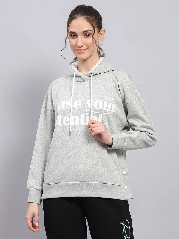 Women Grey Printed Hooded Full Sleeve Sweatshirt Hoodie with Full-Zip Functional Layering