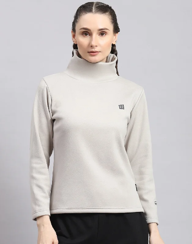 Women Grey Solid T Neck Full Sleeve Sweatshirt Hoodie with Ribbed Neckline Snug Warm