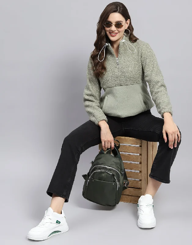 Women Grey Solid Turtle Neck Full Sleeve Sweatshirt Hoodie with Rolled Sleeves Casual Relaxed