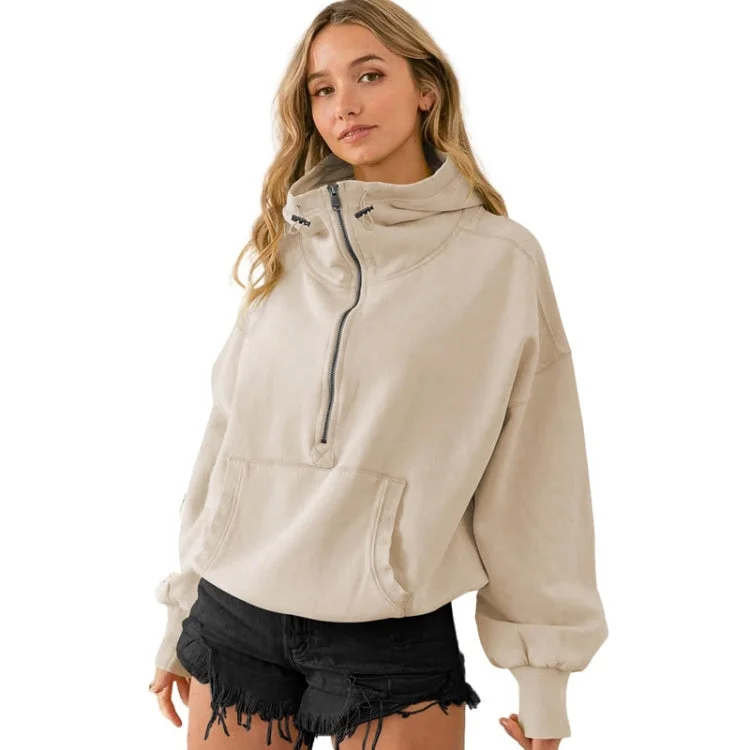 Women Hooded Sweatshirt Sports Hoodie Zipper Drawstring Long Sleeve Top Jacket Hoodie with Hem Applique Textured Unique