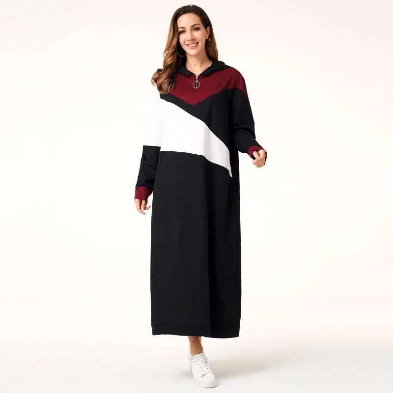 FashionSierra - Women Hoodie Dresses Patchwork Zipper Long Sleeve Hooded Maxi Dresses Casual Dress Women Autumn Stylish Button-Up Maxi Dress