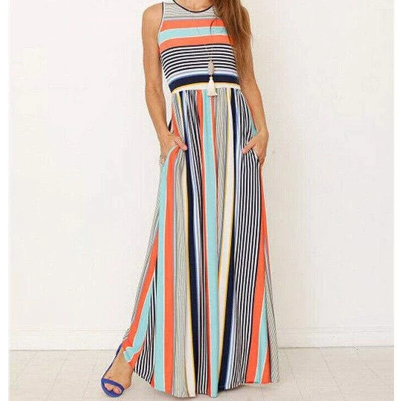 FashionSierra - Women Ladies Boho Stripe Bodycon Sleeveless Maxi Dress Pocket High Waist Summer Beach Dress Sundress New Comfortable T-Shirt Maxi Dress