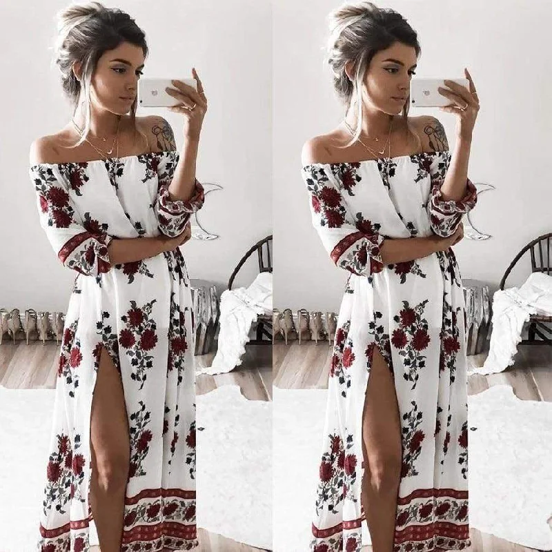 FashionSierra - Women Ladies Clothing Dress Chiffon Floral Long Sleeve Party Flower Casual Long Maxi Dresses Women Summer Sundress Comfortable Flowy Maxi Dress