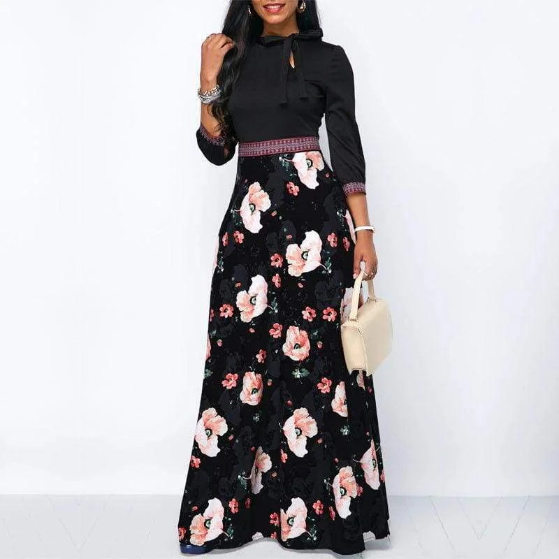 FashionSierra - Women Long Maxi Dresses Boho Floral Hollow Neck Three Quarter Sleeve Ethnic Summer Beach Female Stylish Style Dress Trendy Maxi Dress with Lace