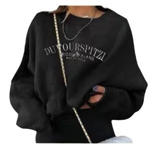 Women Long-Sleeved Autumn Winter Loose Letter Sweatshirt Hoodie with Pocket Utility Practical