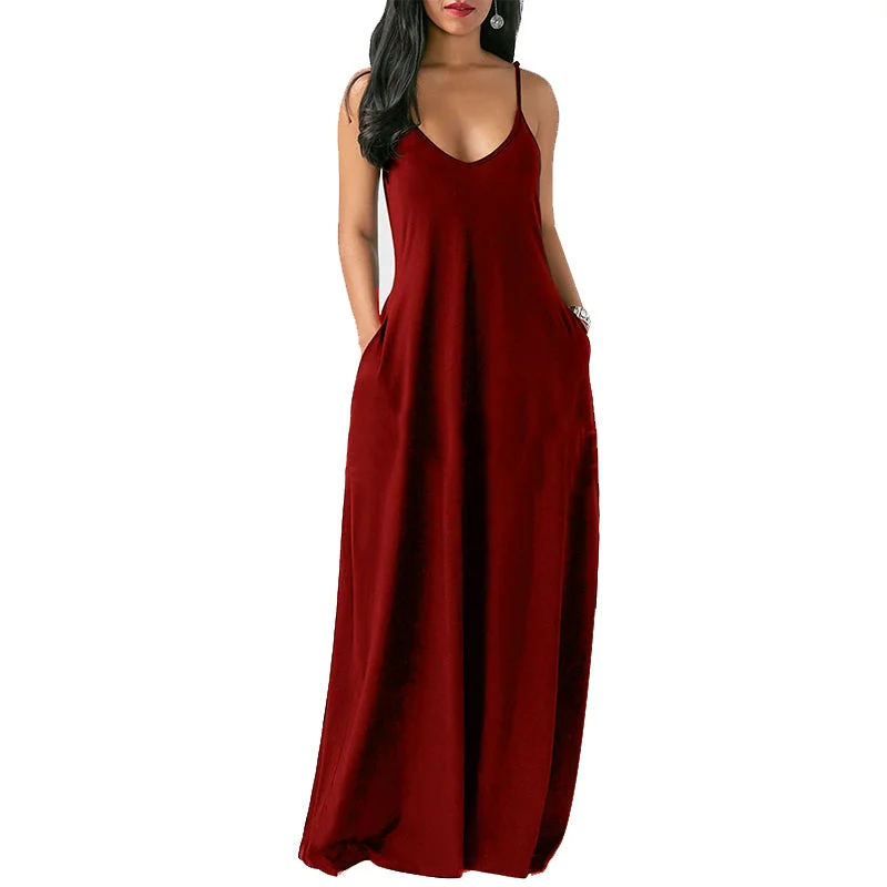 Women Maxi Dress Summer Casual V-neck Comfortable Fit-and-Flare Maxi Dress