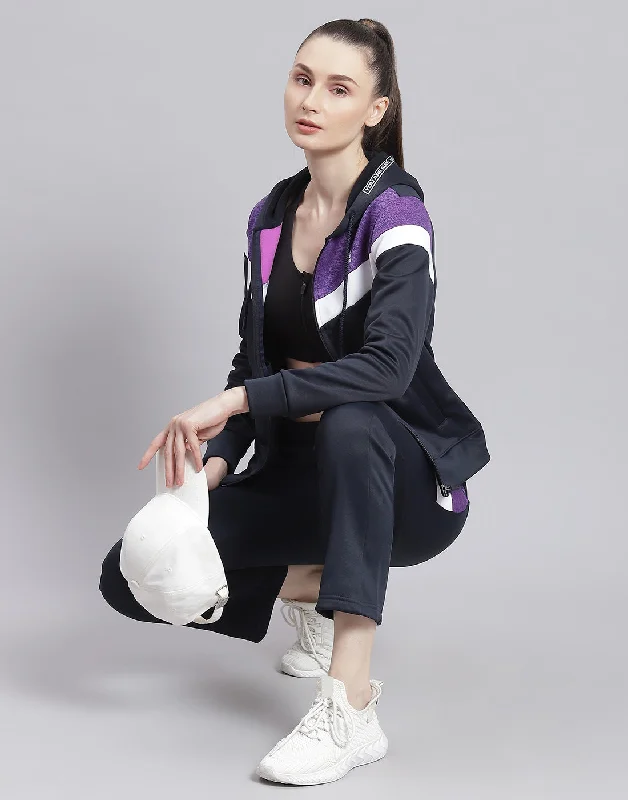 Women Navy Blue Solid Hooded Full Sleeve Tracksuit Hoodie with Button Placket Classic Preppy