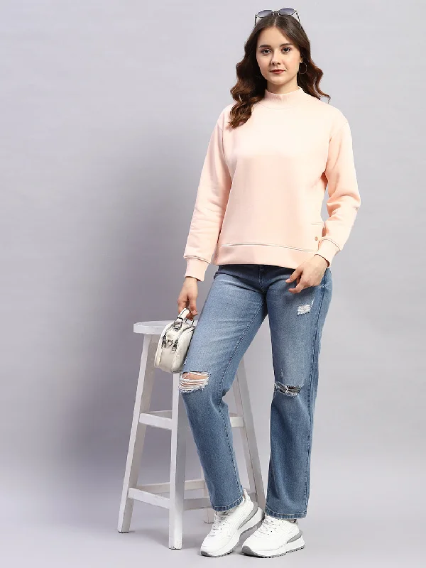 Women Peach Solid High Neck Full Sleeve Sweatshirt Hoodie with Frayed Bohemian Relaxed