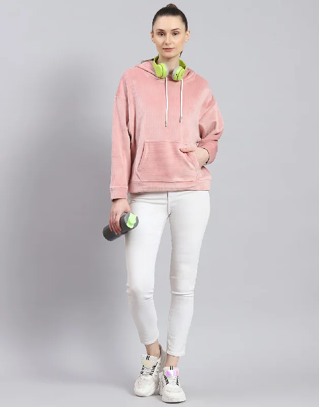 Women Peach Solid Hooded Full Sleeve Sweatshirt Hoodie with Patch Decorative Personalized