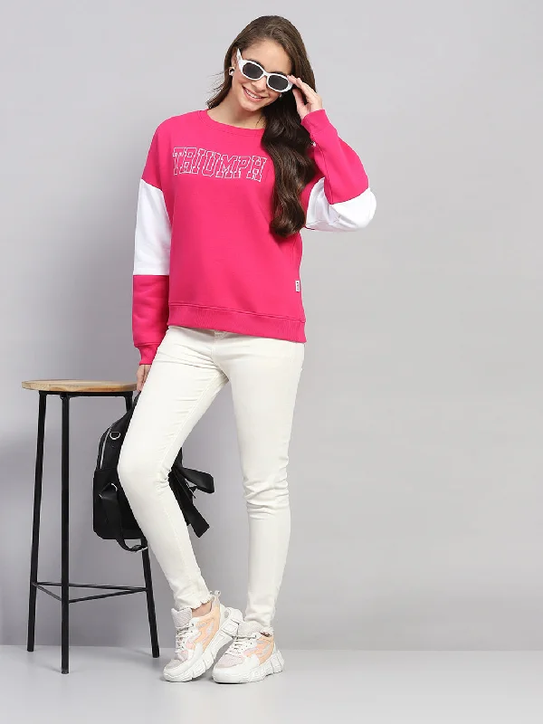 Women Pink Printed Round Neck Full Sleeve Sweatshirt Hoodie with Rhinestones Sparkly Elegant