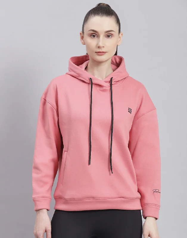 Women Pink Solid Hooded Full Sleeve Sweatshirt Hoodie with Contrast Stitching Detailed Premium