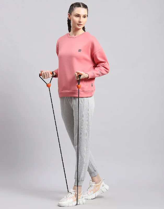 Women Pink Solid Round Neck Full Sleeve Sweatshirt Hoodie Sweatshirt Pullover