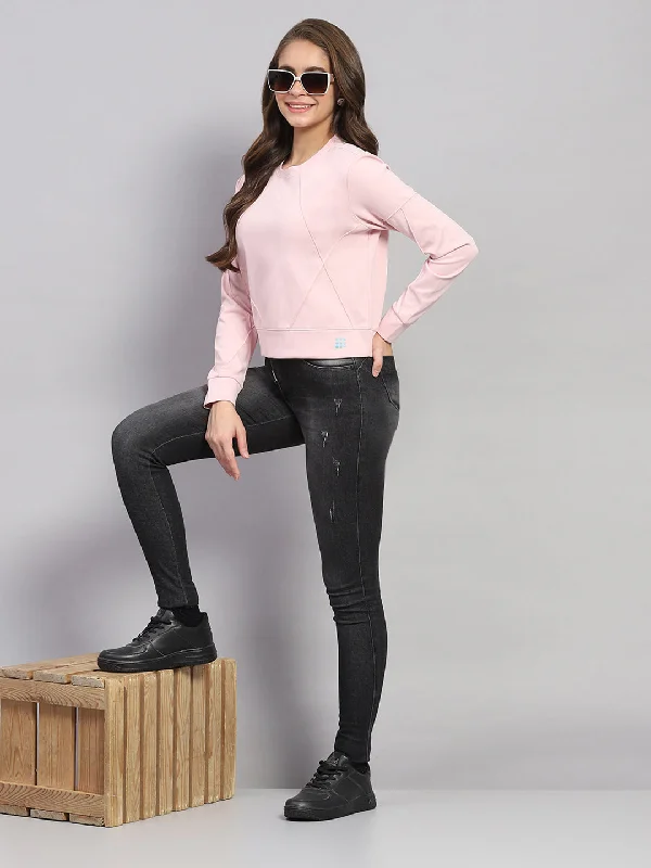 Women Pink Solid Round Neck Full Sleeve Sweatshirt Hoodie Sweatshirt Pullover