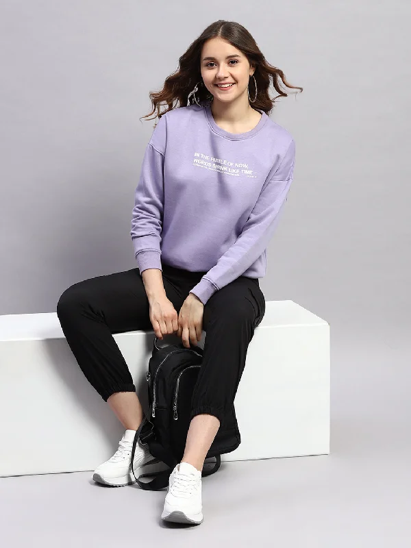 Women Purple Printed Round Neck Full Sleeve Sweatshirt Hoodie with Button Classic Timeless