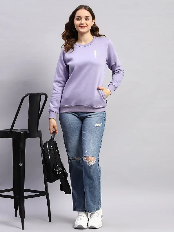 Women Purple Printed Round Neck Full Sleeve Sweatshirt Hoodie with Elastic Cuffs Stretchable Comfortable