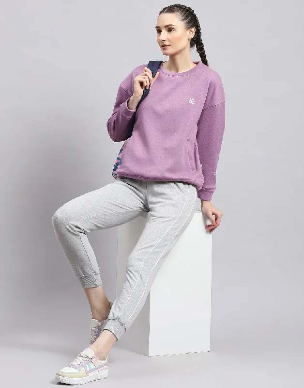 Women Purple Solid Round Neck Full Sleeve Sweatshirt Hoodie with Hem Embroidery Detailed Premium