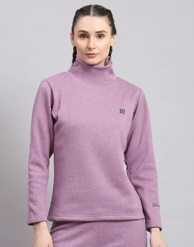 Women Purple Solid T Neck Full Sleeve Sweatshirt Hoodie with Metallic Shiny Futuristic