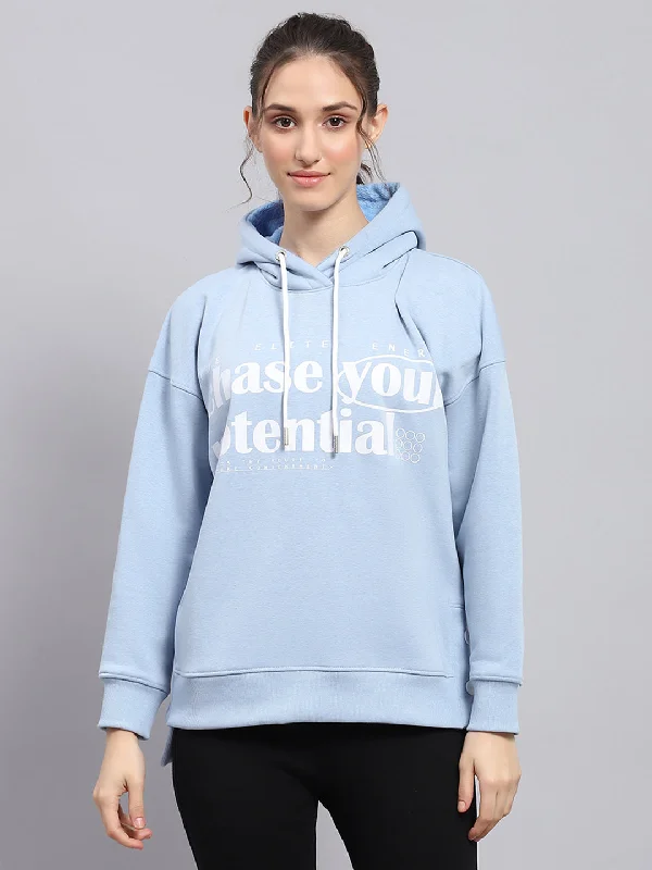 Women Sky Blue Printed Hooded Full Sleeve Sweatshirt Hoodie with High Neck Warm Protective