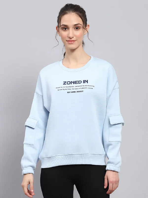 Women Sky Blue Printed Round Neck Full Sleeve Sweatshirt Hoodie with Front Slit Layering Stylish