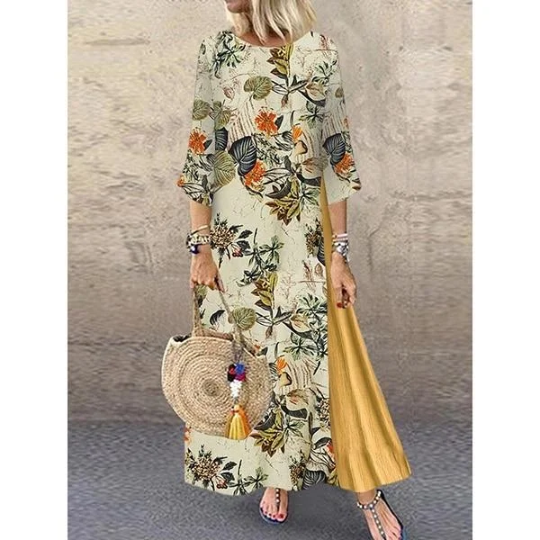 FashionSierra - Women Summer Boho Floral O Neck Long Sleeve Maxi Dress Ladies Casual Loose Dress Oversized Kaftan Beach Sundress Cozy Knit Maxi Dress