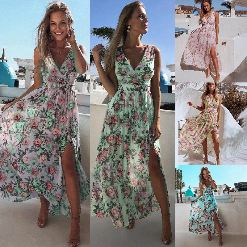 Women Summer Floral Long Maxi Dress Trendy Button Front Maxi Dress