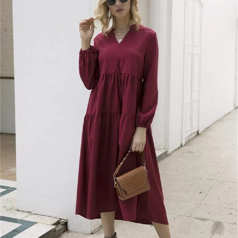 FashionSierra - Women Vintage Dress Autumn Boho Loose Long Sleeve Maxi Dress Ladies Holiday Party Kaftan Solid Long Shirt Dress Stylish Maxi Dress with Pleats