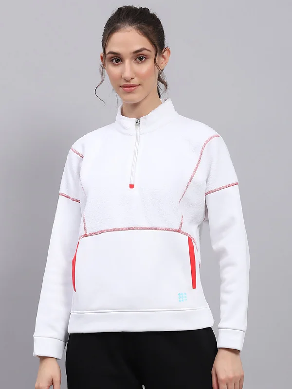 Women White Solid Mock Neck Full Sleeve Sweatshirt Hoodie with Button Placket Classic Preppy