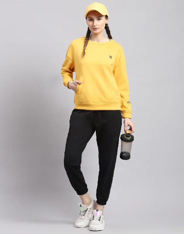 Women Yellow Solid Round Neck Full Sleeve Sweatshirt Hoodie with Hem Raw Edge Edgy Unfinished