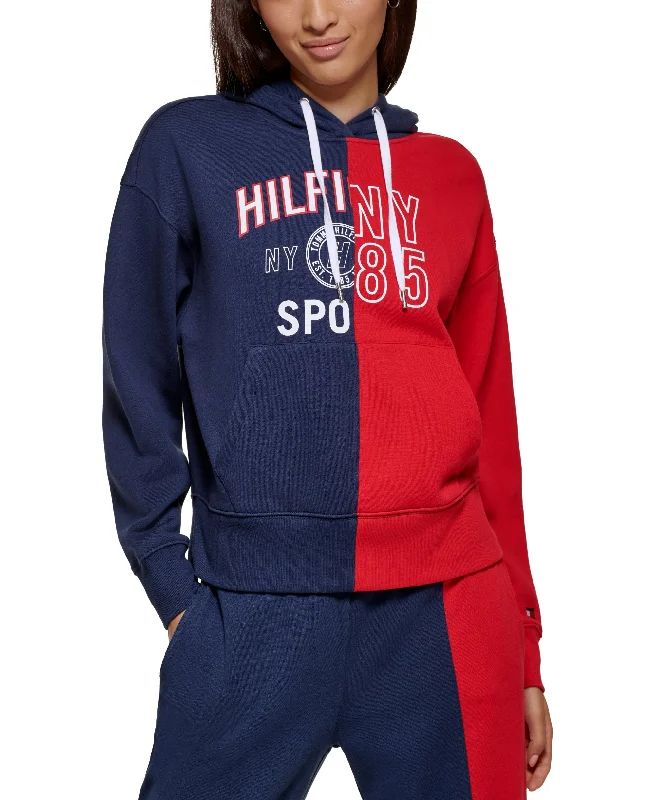 Women's Active color blocked with split graphic hoodie Hoodie with Exposed Zipper Edgy Industrial