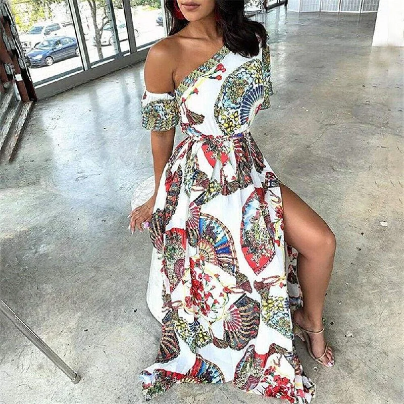 FashionSierra - Women's Boho Maxi Dress Fashion Ladies Casual One Shoulder Floral Holiday Summer Beach Evening Party Long Sundress Chic Sleeveless Maxi Dress