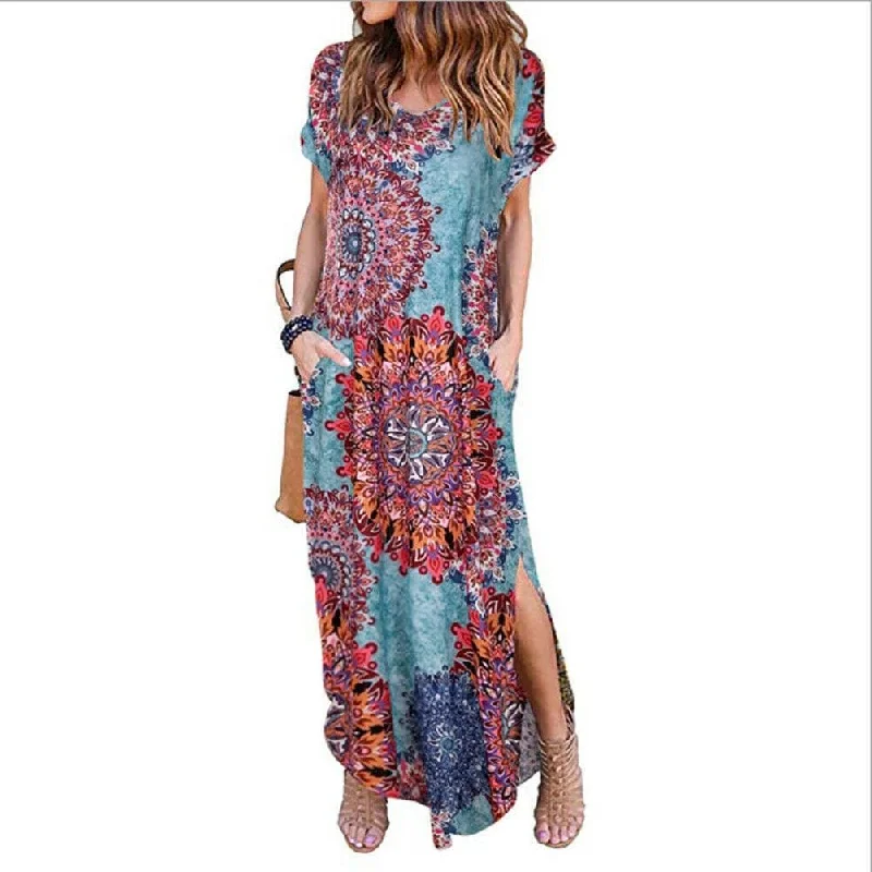 FashionSierra - Women's Boho Pocket Long Maxi Dress Floral Cocktail Party Summer Beach Casual V Neck Split Loose Dress Sundress Elegant Maxi Dress with Ruffles