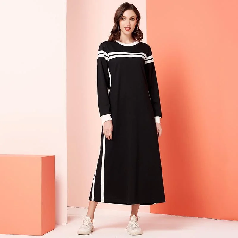 FashionSierra - Womens Casual Dress Black White Patchwork Plus Striped O Neck Long Sleeve Maxi Dresses Cozy Open-Back Maxi Dress