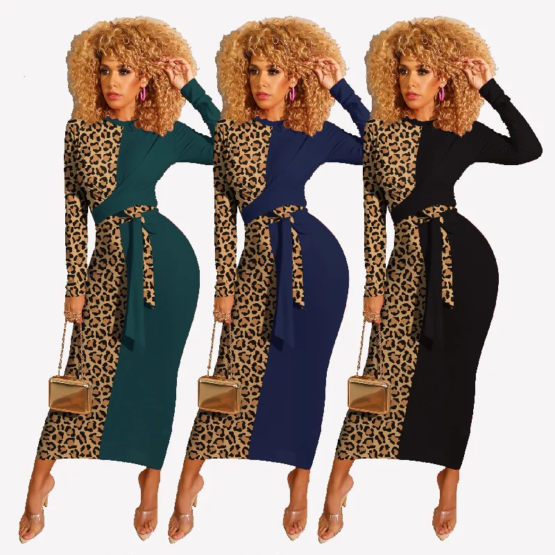 YG8060 - women modern leopard patch long sleeve bandage maxi dress Fashionable Sheer Maxi Dress