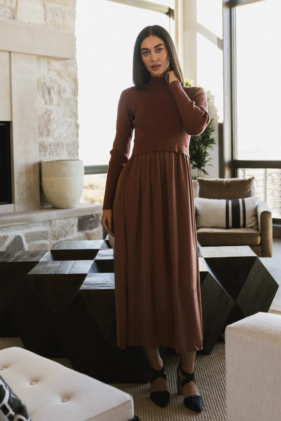 Zeda Maxi Dress in Rust Fashionable High-Waist Maxi Dress