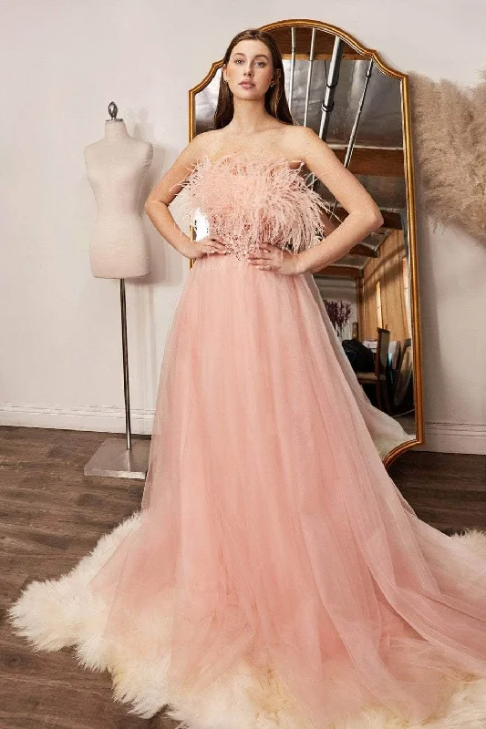 Cinderella Divine CR864 - Strapless Feathery Long Gown