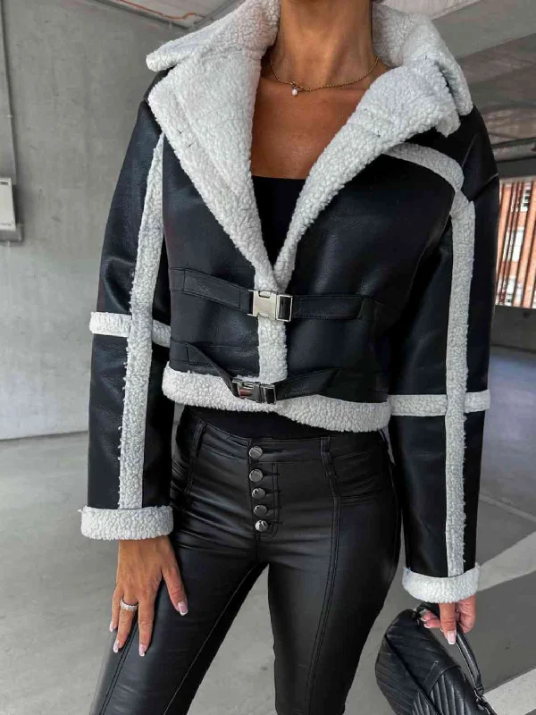 Sophisticated and Stylish: Collared Buckle Detail Jacket for Women Zip Front Button Front Snap Front