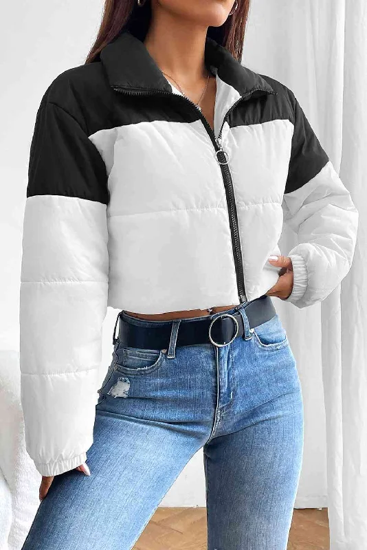 Fashionable and Warm: Collared Neck Color Block Women Puffer Jacket Bomber Jacket Anorak Windbreaker