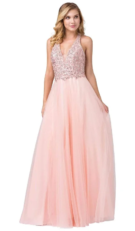 Dancing Queen - 2532 Beaded Sheer Deep Halter V-neck A-line Gown