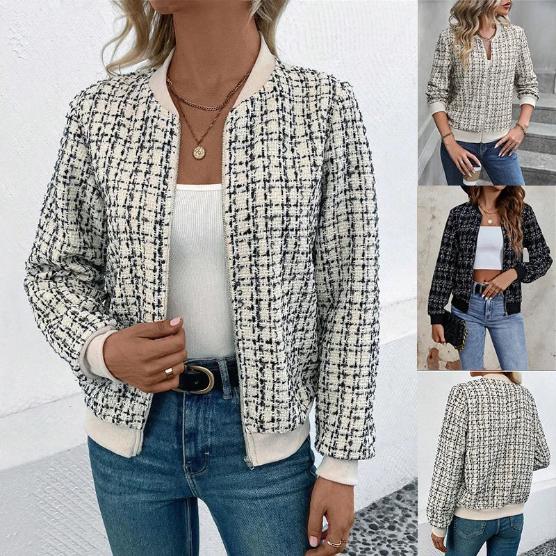 Fashionable & Versatile Plaid Zipper Jacket Welt Pockets Slit Pockets Flap Pockets