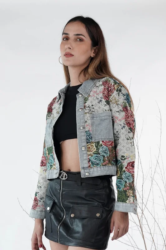 Floral Woven Breeze Denim Jacket One-Shoulder Jacket Off-the-Shoulder Jacket Asymmetrical Jacket Floral Woven Breeze Denim Jacket One-Shoulder Jacket Off-the-Shoulder Jacket Asymmetrical Jacket