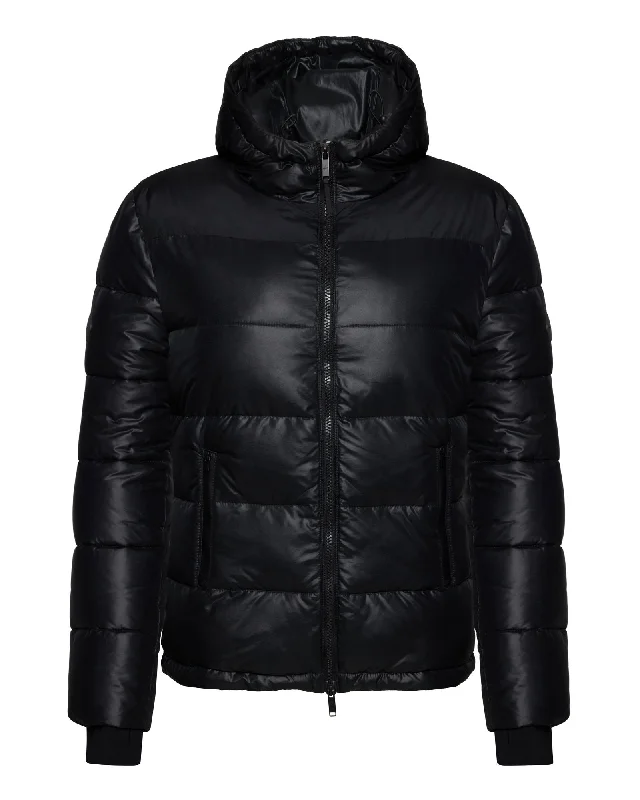 Hooded Short Down Jacket - Black Gloss Herringbone Jacket Houndstooth Jacket Plaid Jacket