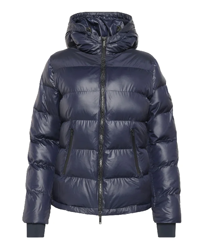 Hooded Short Down Jacket - Navy Welt Pockets Slit Pockets Flap Pockets