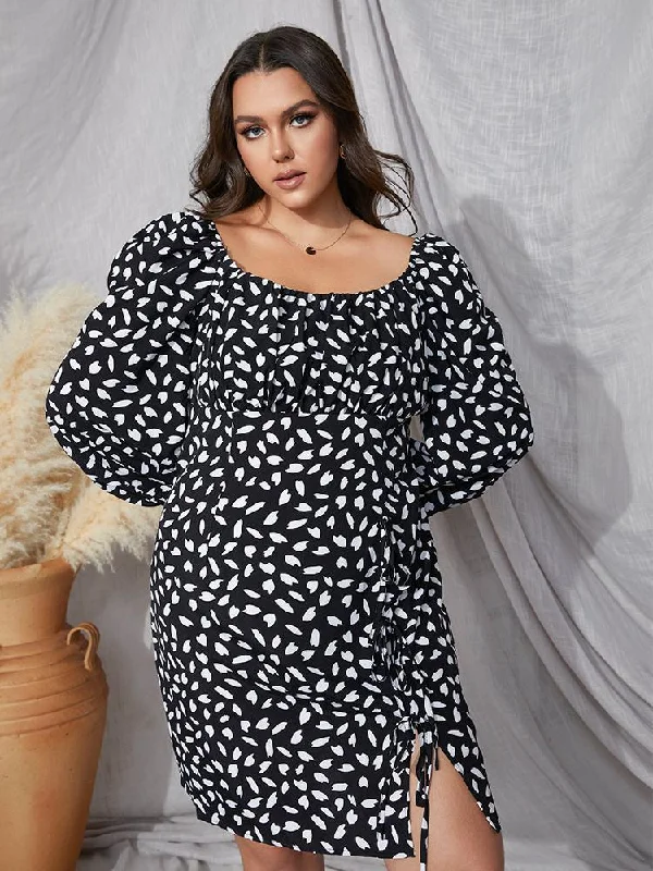 Irregular Printed Puff Sleeve Dress