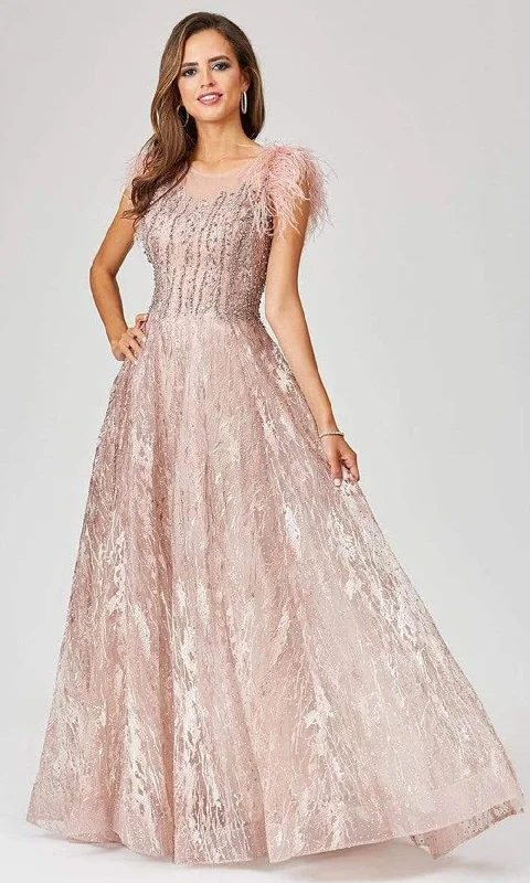 Lara Dresses - 29475 Feather-Fringed Cap Sleeve Embroidered Gown