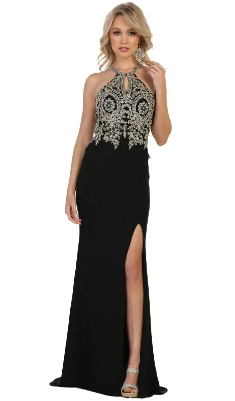 May Queen MQ1568  - Embellished Halter Sheath Evening Gown