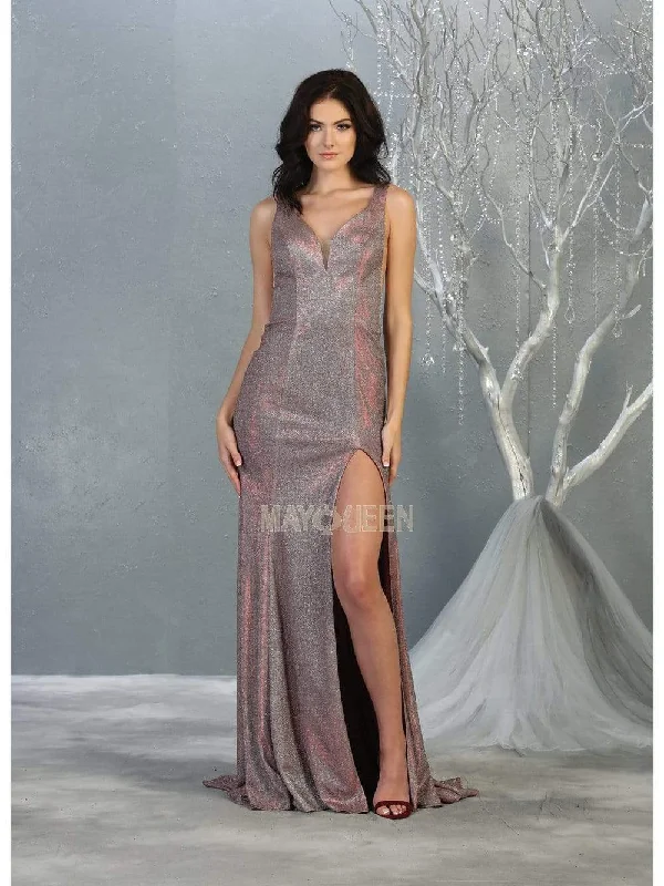 May Queen - MQ1805 Deep V-neck Trumpet Dress With Slit
