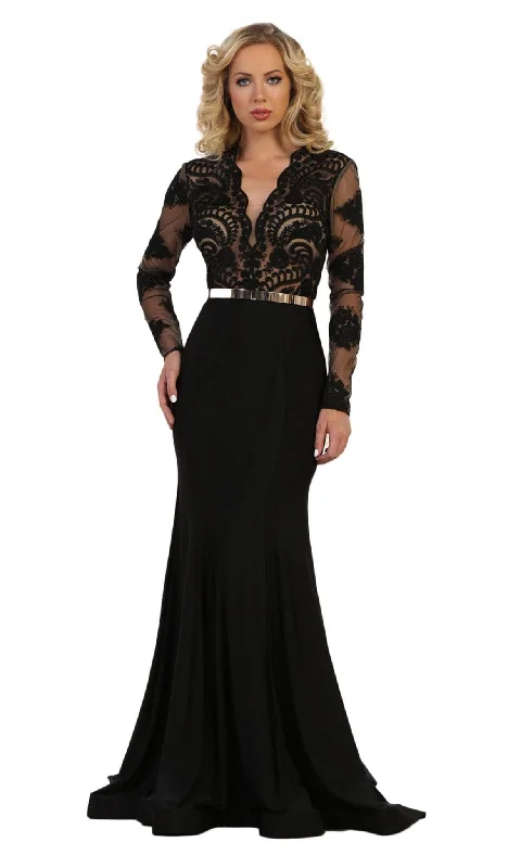 May Queen - RQ7624 Lace Deep Scalloped V-neck Trumpet Dress