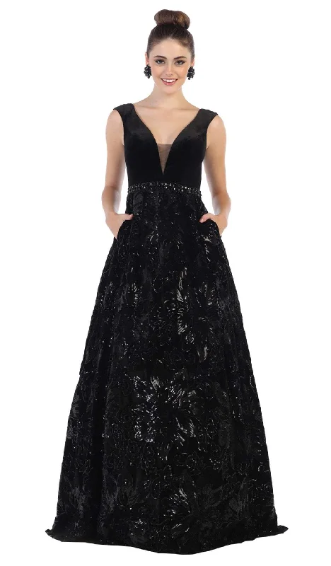 May Queen - RQ7674 Embellished Plunging V-neck Ballgown