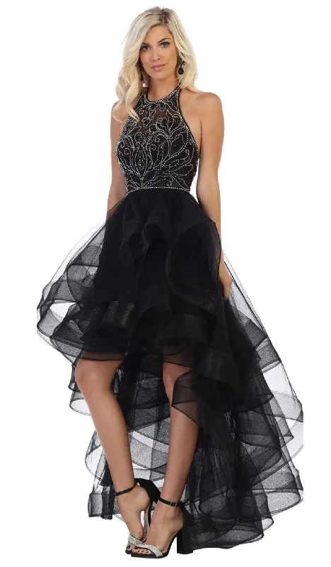 May Queen - RQ7717 Jeweled Illusion Halter High Low Gown